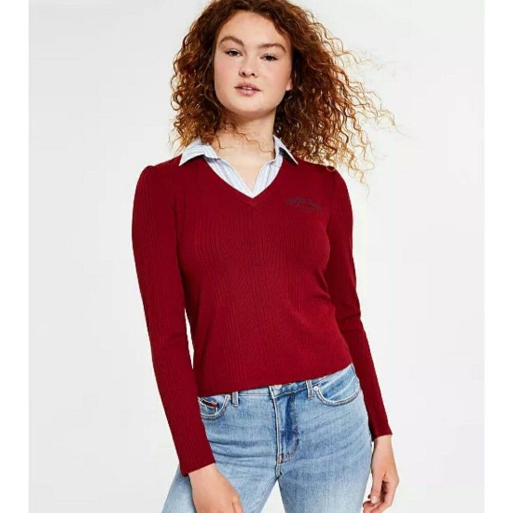 Tommy Jeans Women's Mixed-Media Collared Long-Sleeve Top Red Chilli Pepper Med